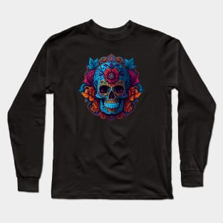 Blossoms of Serenity: Colorful Blue Flower Sugar Skull Artwork Long Sleeve T-Shirt